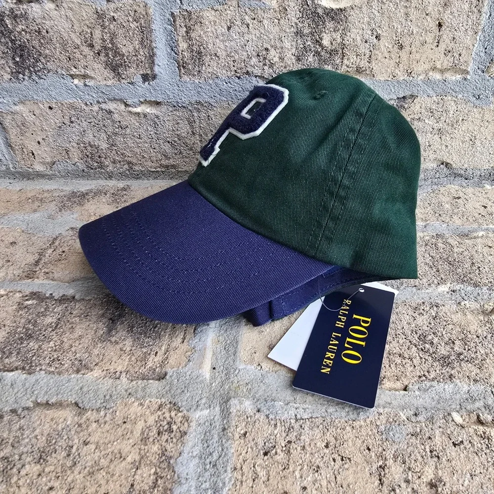 Polo Ralph Lauren Mens Green Navy Blue Chenille P Patch Baseball Cap Hat NEW